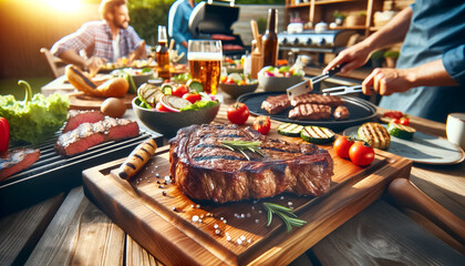 sumptuous grilled steak at a lively summer grilling party