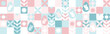 Seamless background with flowers for the spring holiday of Easter with a texture of circles and squares. Wallpaper mosaic with geometric shapes, pastel background with eggs and hares.