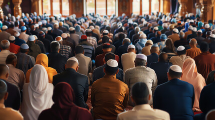 Visualize a diverse group of individuals from different religious backgrounds, including Christians, Muslims, and Jews, praying together on USA Prayer Day in a large hall