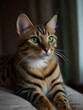 portrait of a bengal cat with green eyes on dark background