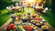 Lively Summer Grilling Party with Festive Table and Guests in Background