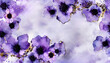 Elegant violet flowers alcohol ink background with gold glitter elements