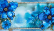 Elegant turquoise and blue flowers alcohol ink background with silver  glitter frame