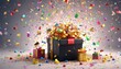 © akkash jpg - 'Happy Year box See Holiday style. 3d party image Closed gift bright popper New cartoon confetti Black Christmas Night Less Friday. rendering sale Merry three-dimensional render flag v'