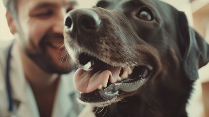 Wall Mural - A man smiling while gently petting a dog