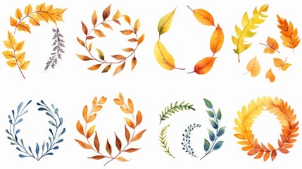 Wall Mural - Wreath of colorful autumn fall leaves isolated on white background. Watercolour illustration with place for save date, text, photo. Fall, autumn, Thanksgiving