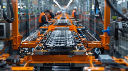 Close-up of an electric vehicle battery assembly line with engineers conducting thorough inspections and functionality tests.