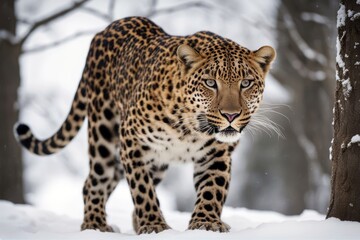 Wall Mural - 'white leopard background walking snarling half face isolated on strength no people cat nobody big copy space spot indoor square spotted full-length studio shot mammal creature one animal felino'