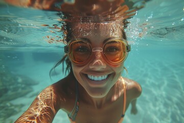 Wall Mural - A young woman's underwater selfie captures joy and vivacity, with a clear, sunlit sea enhancing her gleeful expression