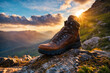 Hiking shoe for cross-country travel. Boot close up on highland rock. Generative AI.