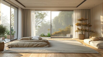 Canvas Print - Cozy spacious bedroom in light muted colors with light wood furniture live plants design