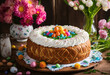 Easter cake in wooden plate on decorated table with colorful holiday eggs and natural flowers. Christian traditional holiday food.