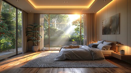 Sticker - Cozy spacious bedroom in light muted colors with light wood furniture live plants design