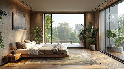 Poster - Cozy spacious bedroom in light muted colors with light wood furniture live plants design