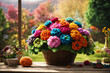 Beautiful vivid colorful knitted flowers made yarn in a wicker basket on blooming garden background. Wool floral decoration close-up.