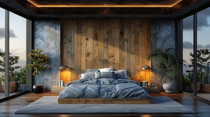 Canvas Print - Cozy spacious bedroom in light muted colors with light wood furniture live plants design