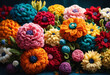 Beautiful vivid colorful knitted dahlias and aster flowers made yarn. Wool floral decoration.