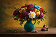 Beautiful vivid colorful knitted flowers made yarn in an azure knitted jar on wooden table in home room. Wool floral decoration.
