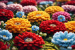 Field of colorful knitted gerbera flowers made yarn. Wool floral decoration.
