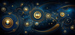 a computer generated image of a blue and gold abstract background with circles and dots on a black background with a gold center