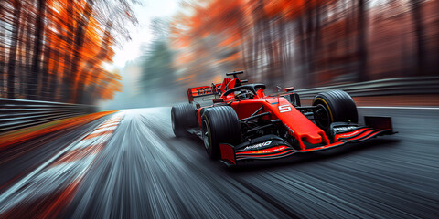 Wall Mural - red acing car driving fast on the race track in nature at autumn. Motion blur