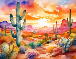 Wall Mural - watercolor cactus desert sunset illustration hot sun exotic landscape background
