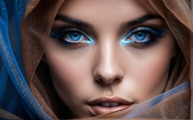 Wall Mural - closeup of a beautiful woman with enchanting blue eyes, partially hidden behind a veil