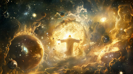 Wall Mural - a cosmic tableau illustrating christ's ongoing role in creation, showing him as a divine conductor w