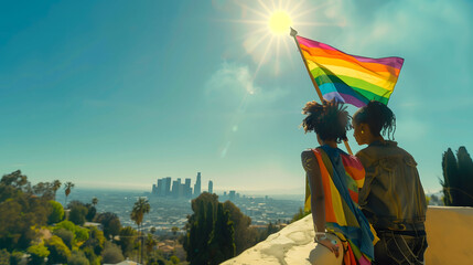 Love and Pride in the City of Angels: Two People Hold Up LGBTQ Flag Overlooking Los Angeles