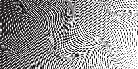 Wall Mural - Flowing dots particles wave pattern 3D curve halftone black gradient curve shape isolated on white background.