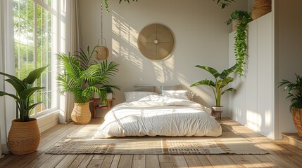 Canvas Print - Cozy spacious bedroom in light muted colors with light wood furniture live plants design