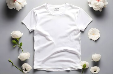 White T shirt mockup cotton apparel, isolated with green leaves flower on background. Design plain Tshirt template, T-shirt business print presentation mock up Top view flat tee lay. 