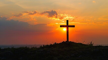 Wall Mural - Cross Silhouette On A Hill In Front Of The Sun