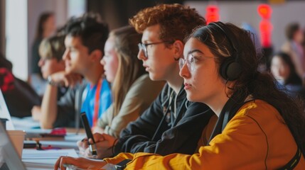Poster - A diverse group of individuals sitting at a table, each focused on their laptop screens. They appear engaged in work or discussion.