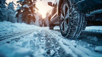 Car on winter tires drives through a snow covered on the road