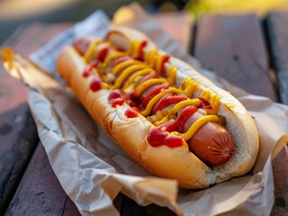 Wall Mural - A hot dog with mustard and ketchup on a bun