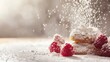 Cream puff dusted with powdered sugar accompanied by raspberries on wooden surface