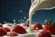 Strawberries tumbling into a pool of milk, squabbling over strawberries, milk, strawberries, whipped cream, yogurt, expert fruit photography