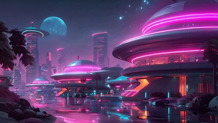 Poster - A city illuminated by neon lights at night, showcasing a futuristic landscape with tall buildings and glowing signs.