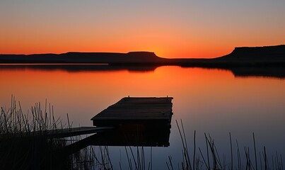 Wall Mural - Orange dawn over a calm lake with a silhouetted dock in the foreground at Clayton Lake State Park and Dinosaur Trackways, New Mexico
