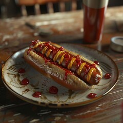 Wall Mural - A hot dog with mustard and ketchup on a bun