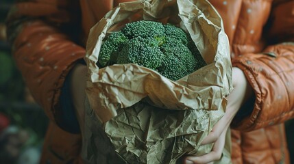 Wall Mural -   A zoomed-in photo of someone clutching a grocery bag containing a broccoli stalk