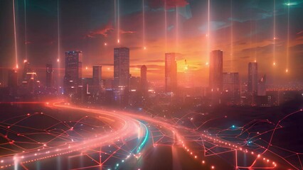 Poster - Vibrant sunset hues cast over a modern city with neon-lit streets.
