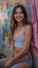 Wall Mural - Smiling young dancer sitting on wall