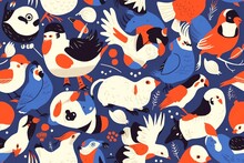 Seamless Pattern Of Collection Of Cute Birds