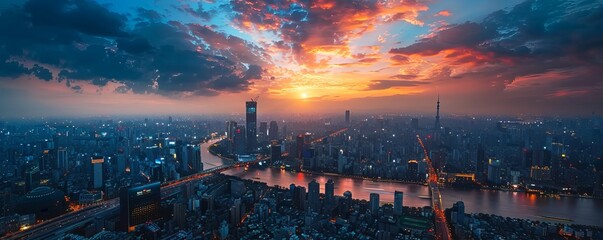 Wall Mural - Aerial view of illuminated cityscape against sky during dusk