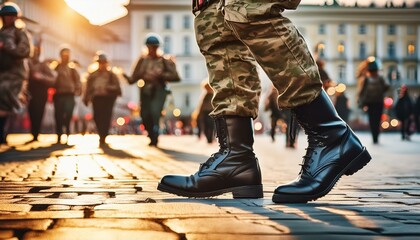 soldiers in camouflage uniform and black soldier boots march on the square, close-up of legs, side view