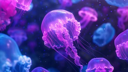 Wall Mural - Jellyfish floating in magical ocean. Beautiful cosmic neon purple sea. collection of animals. 3d animation of a seamless loop. Underwater world glowing fish in the water. Marine life. Pink,blue and pu