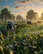 A serene 3D farm landscape at sunrise, cows leisurely roaming, dew-kissed grass shimmering