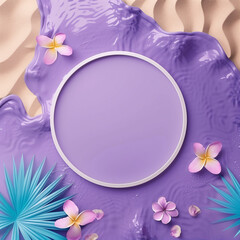 Summer seasonal background design with copy-space for text at center. Template for summer in abstract minimal style, sand and smooth ocean wave in purple color tone with pearls circle frame.